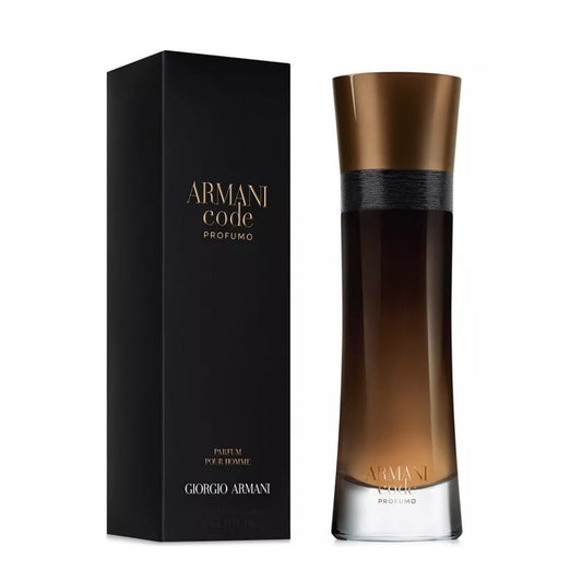 Armani Code Profumo fragrance for men with its sleek amber bottle and elegant packaging, perfect for evening sophistication.