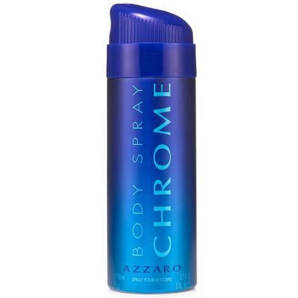 Azzaro Chrome body spray for men in a sleek blue bottle, offering a refreshing fragrance with a masculine scent for all-day freshness.