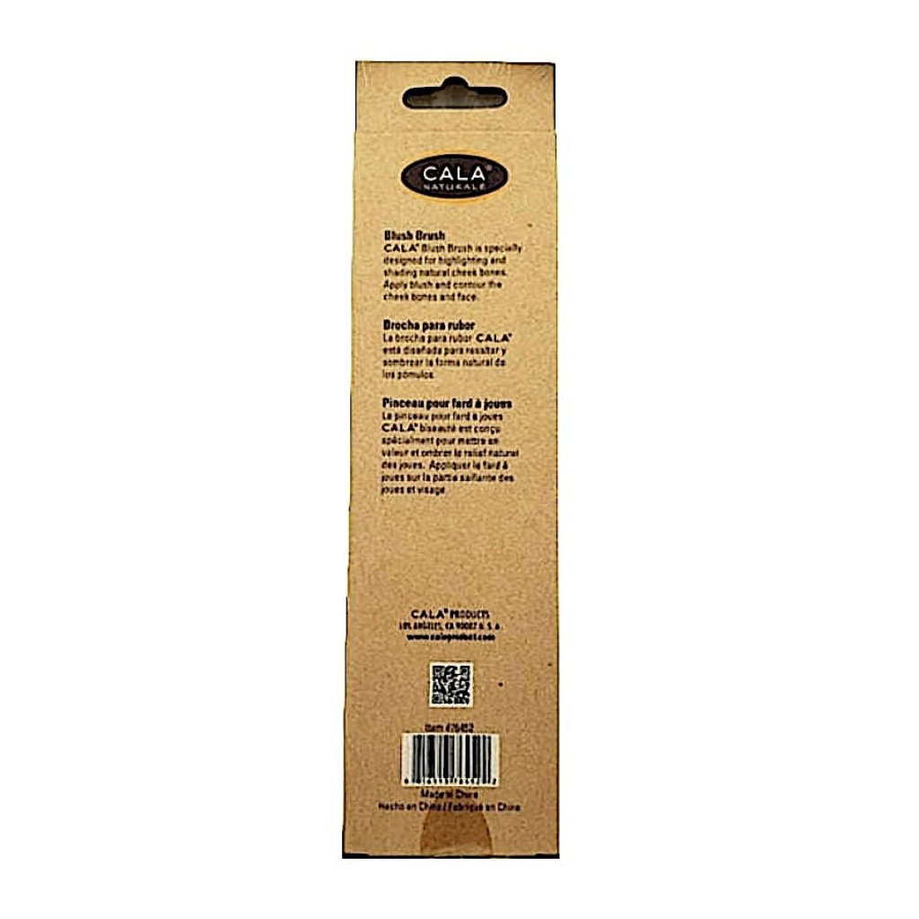 Back view of the Cala blush brush packaging, showing the product description in English, Spanish, and French, with a barcode.