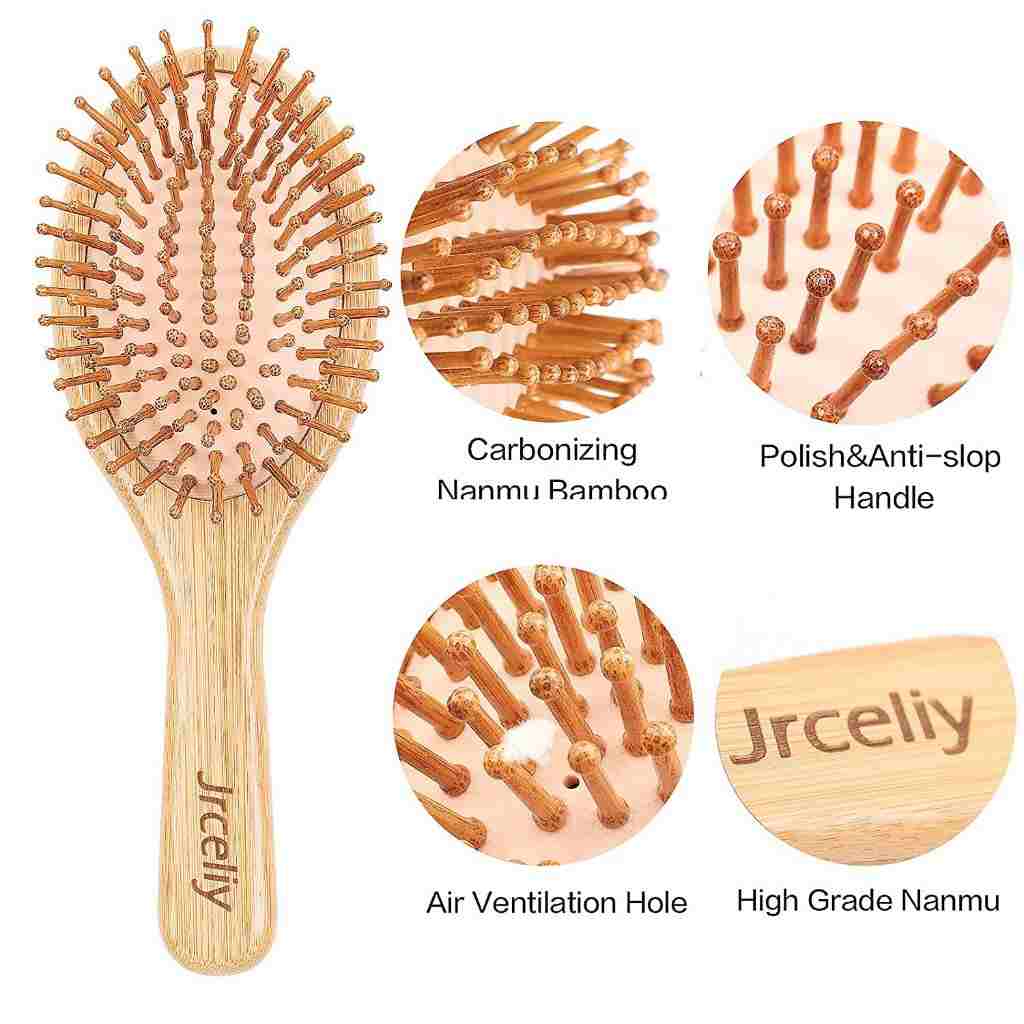 A bamboo hairbrush with labeled close-ups showing features like carbonized bamboo, anti-slip handle, ventilation holes, and quality material.