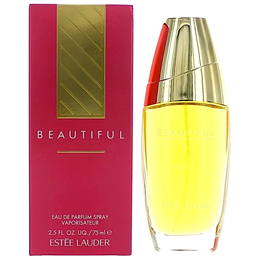 Beautiful by Estée Lauder, 2.5oz fragrance bottle with red and gold box. A timeless floral scent for women, ideal for any occasion