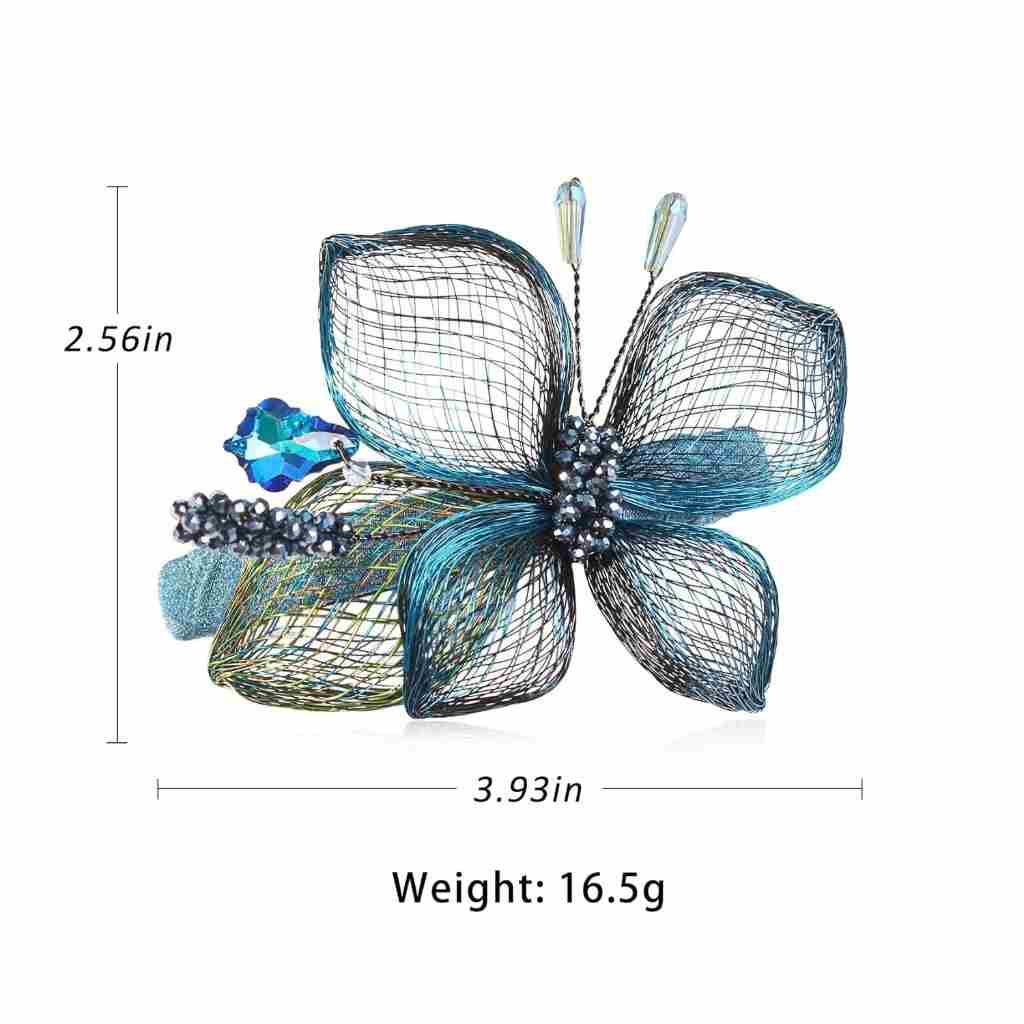 Blue butterfly hair barrette with mesh wings, measuring 3.93 inches by 2.56 inches, and weighing 16.5g, shown on white.