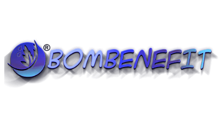 Bombenefit Bazaar logo - cosmetics, beauty, wellness, and more. Stylized purple and blue design with leaf and water droplets.