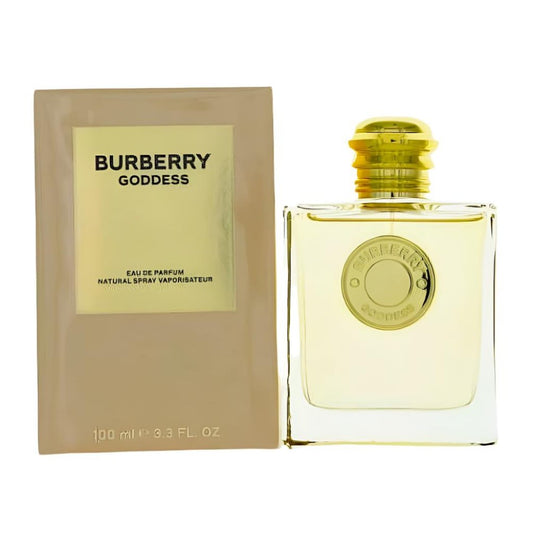 Burberry Goddess perfume in a clear square bottle with gold cap and box.