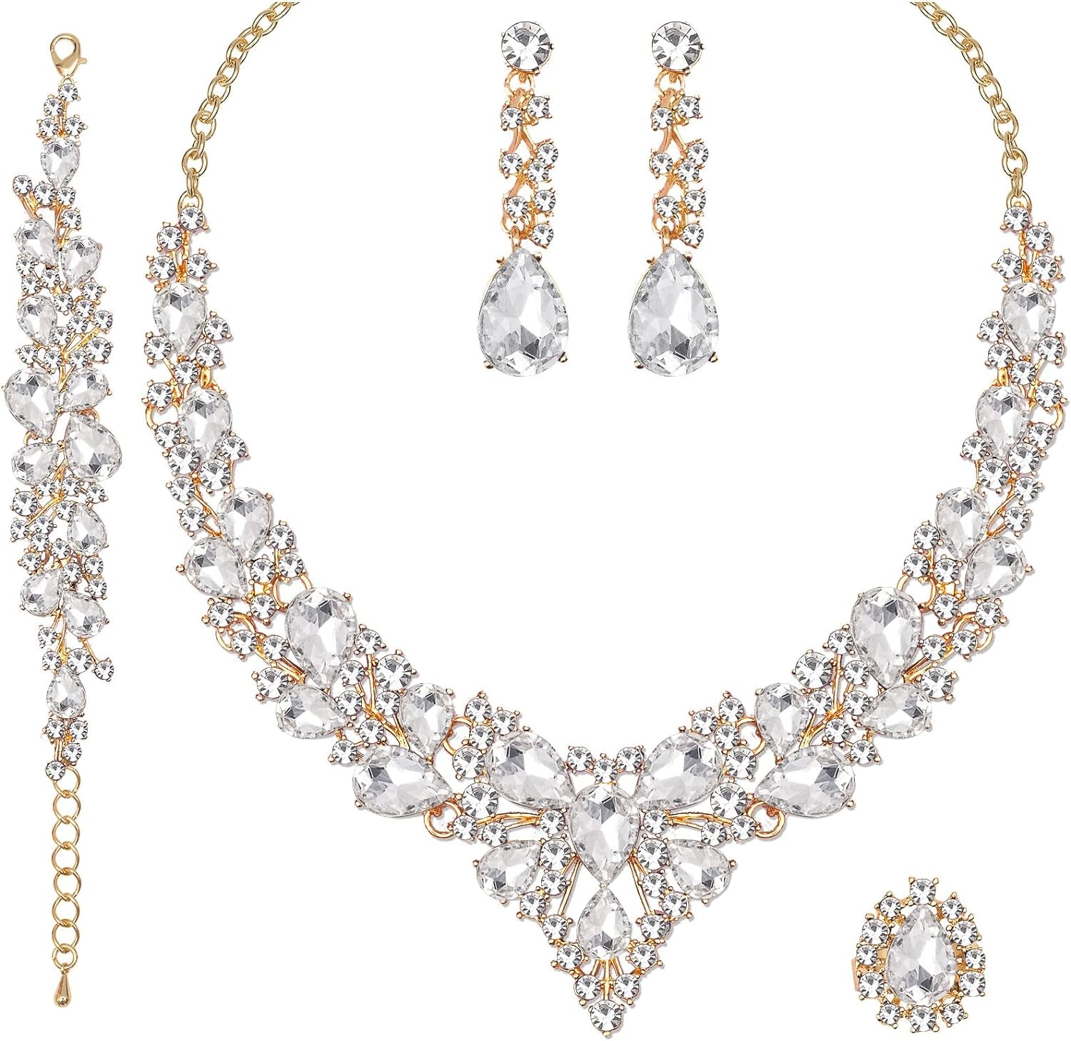 4 Pcs/Set Austrian Crystal Necklace Earrings Bracelet Ring Bridal Jewelry Sets for Brides Wedding Party Costume Accessories Gifts for Women