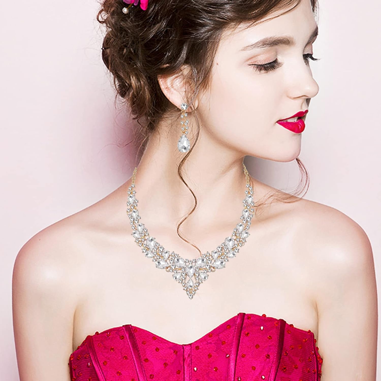 4 Pcs/Set Austrian Crystal Necklace Earrings Bracelet Ring Bridal Jewelry Sets for Brides Wedding Party Costume Accessories Gifts for Women