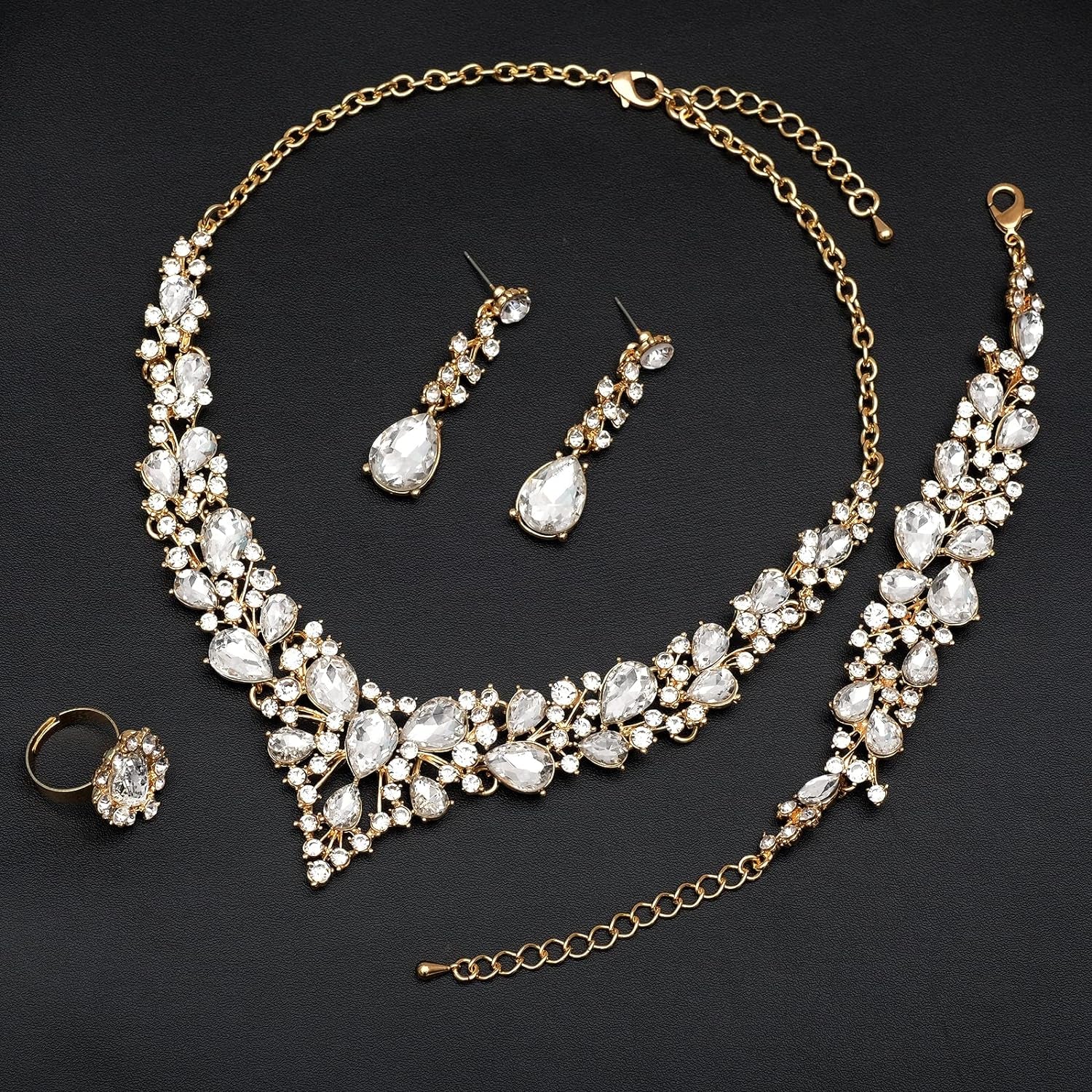 4 Pcs/Set Austrian Crystal Necklace Earrings Bracelet Ring Bridal Jewelry Sets for Brides Wedding Party Costume Accessories Gifts for Women