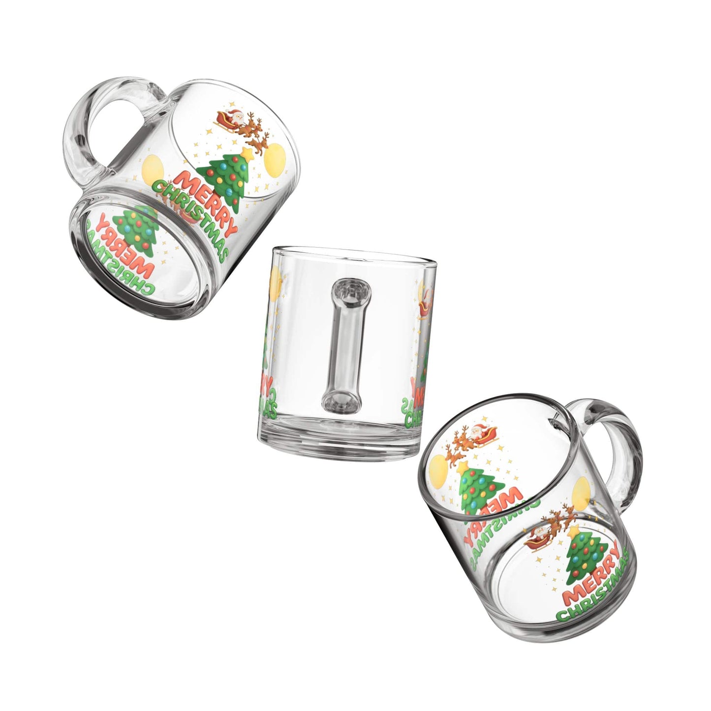 Three clear glass mugs featuring a festive Merry Christmas print with Santa, reindeer, stars, and a Christmas tree.