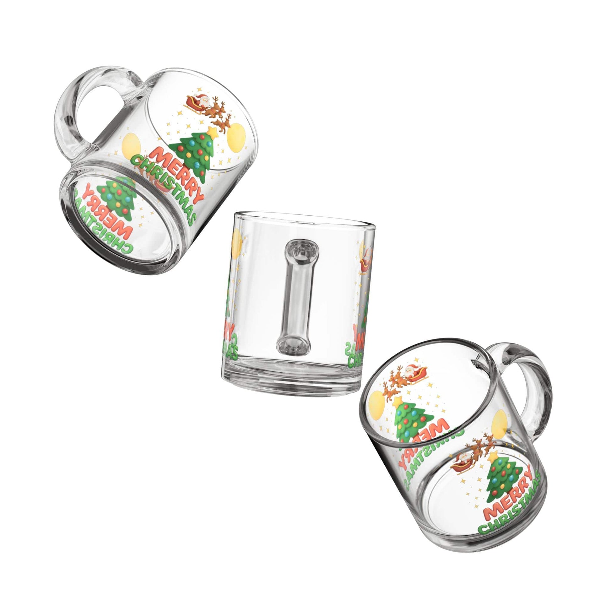 Three clear glass mugs featuring a festive Merry Christmas print with Santa, reindeer, stars, and a Christmas tree.