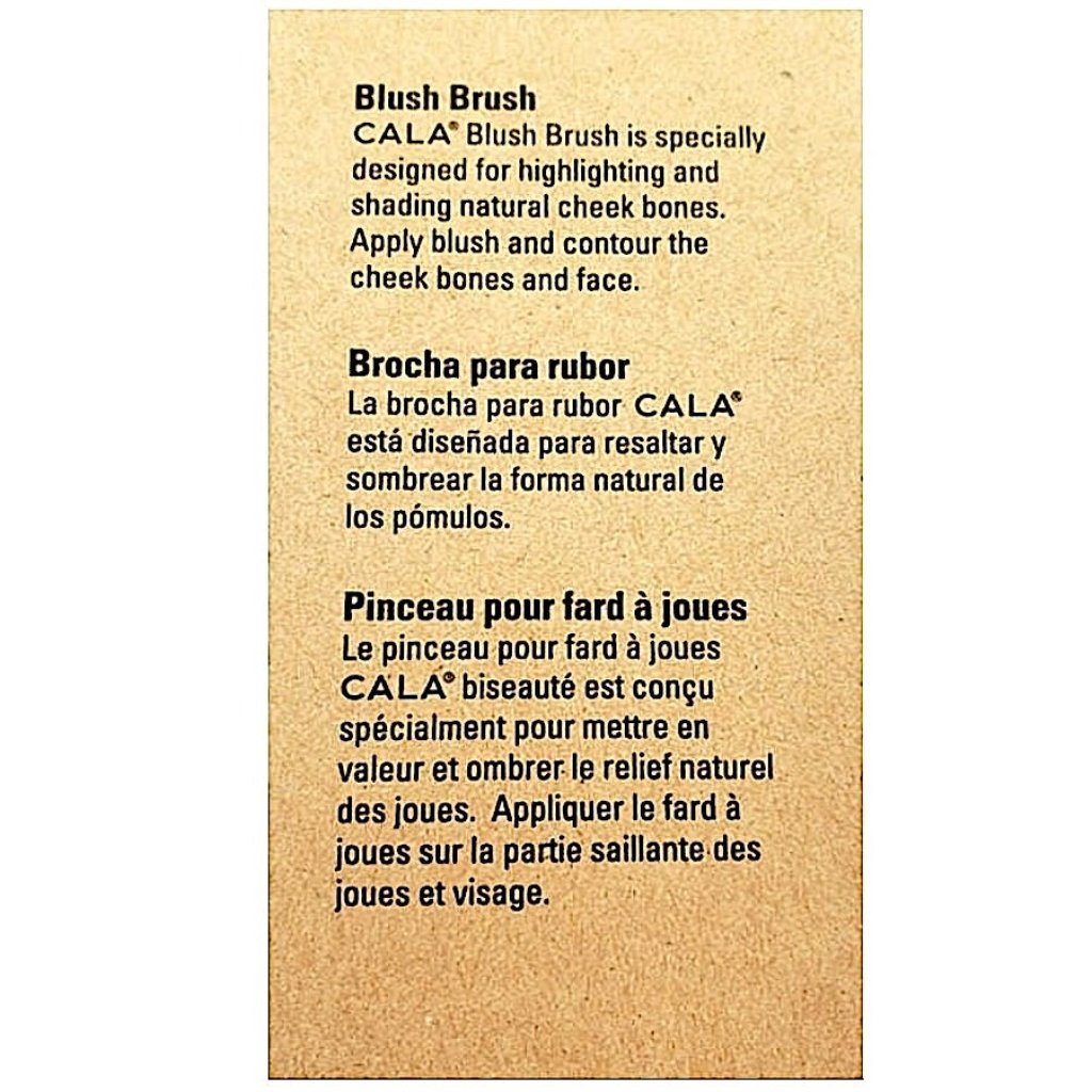 Details of the Cala Blush Brush in English, Spanish and French, highlighting its design for contouring and shading the cheekbones.