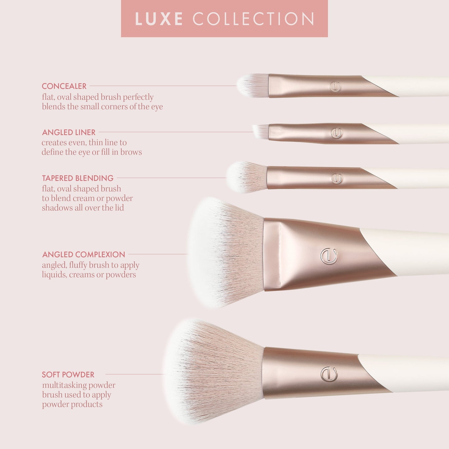 Luxe Natural Elegance Professional Face Makeup & Foundation Brush Set, for Face, Cheek, and Eye Makeup, 5 Piece Set