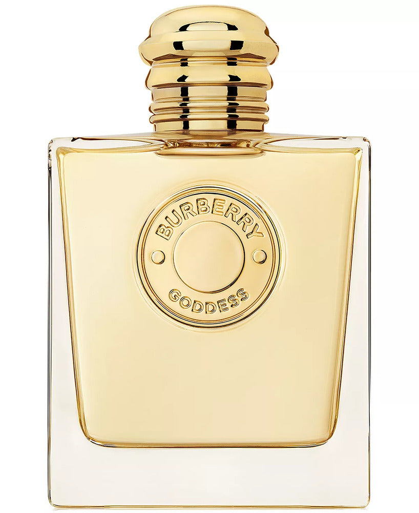 Burberry Goddess perfume in a clear square bottle with gold cap.