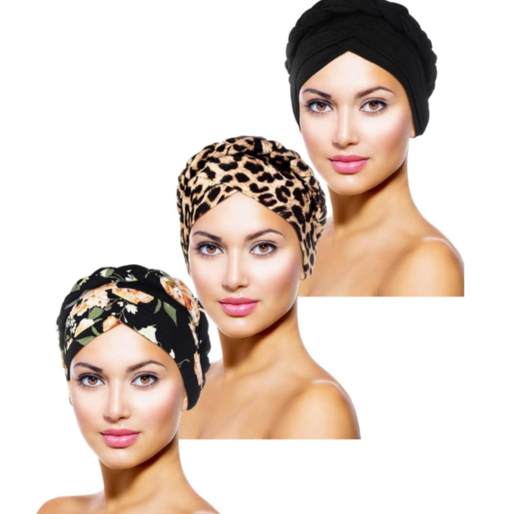 Stylish women's turban set of three pre-tied head wraps in black, leopard print, and floral design, offering elegance and comfort.