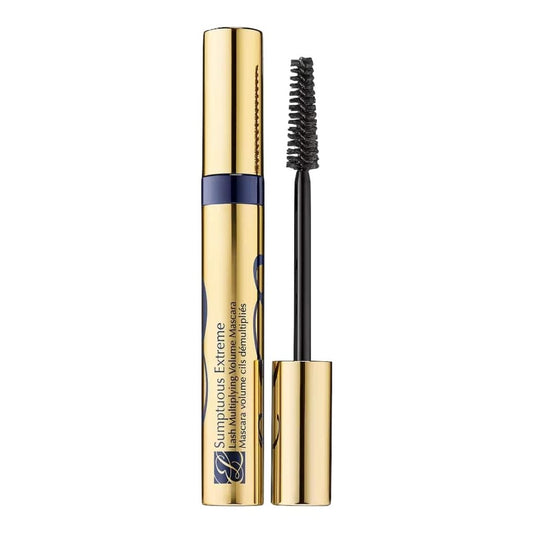 Estee Lauder Sumptuous Extreme Mascara in gold tube with a voluminous brush, promising lash multiplying and bold volume.