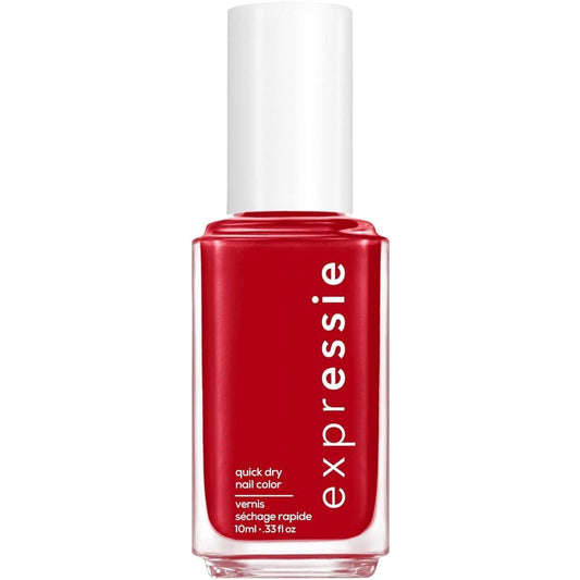 Expressie by Essie quick dry nail polish in vibrant red, 10 mL (.33 fl oz) bottle with a sleek design for fast application.
