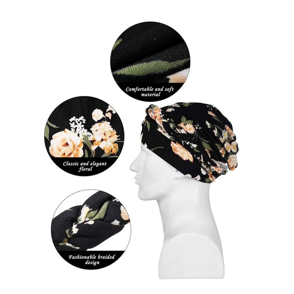 Comfortable pre-tied turban head wrap with elegant floral design, soft material, and a fashionable braided style for women’s fashion.