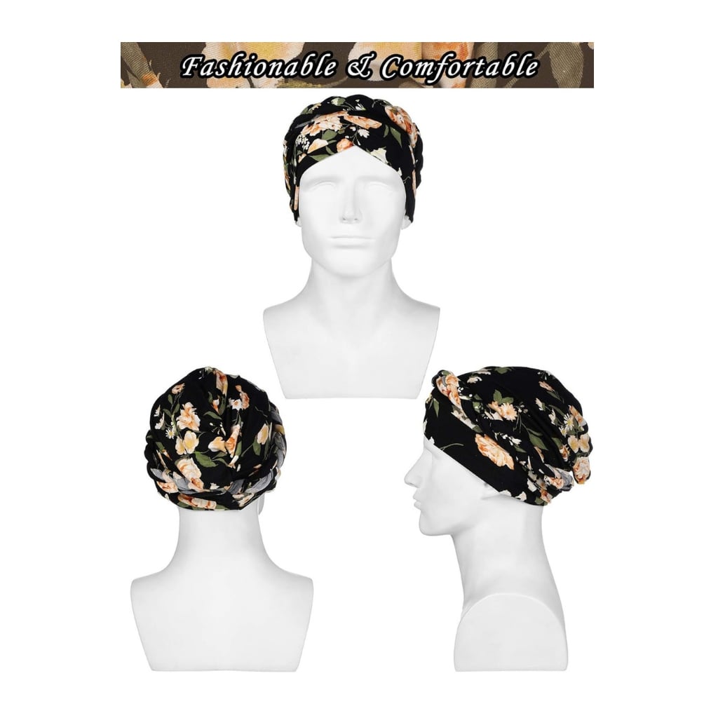 Stylish floral pre-tied black turban head wrap featuring orange and yellow flowers, showcased on a mannequin from multiple angles.