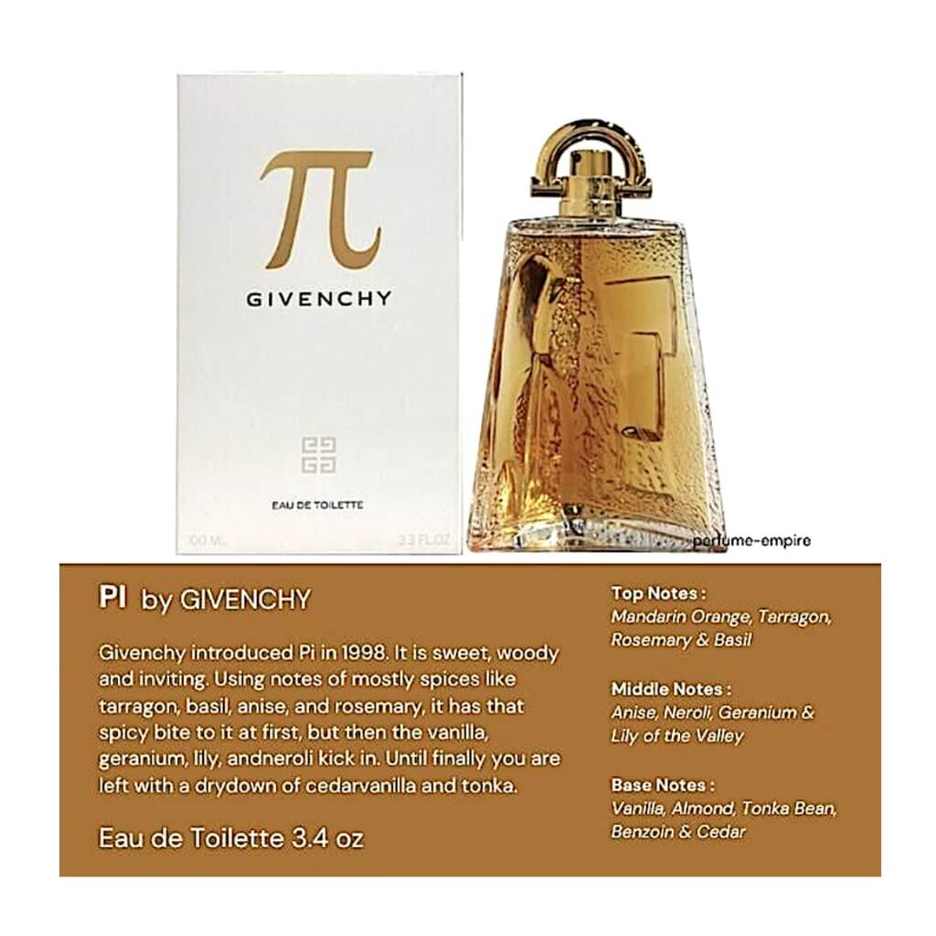 Givenchy Pi Eau de Toilette 3.4 oz box and bottle with details. Offer top notes of mandarin orange, tarragon, rosemary, and basil.