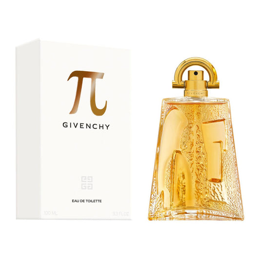 Givenchy Pi Eau de Toilette 3.3 oz with a sculpted amber glass design, go with by the chic white box featuring the Givenchy logo.