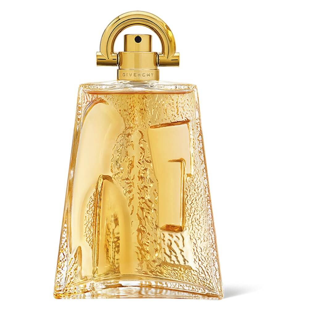 Close-up of the iconic Givenchy Pi Eau de Toilette 3.3 oz in a sculpted gold and amber glass design, featuring a sleek modern cap.