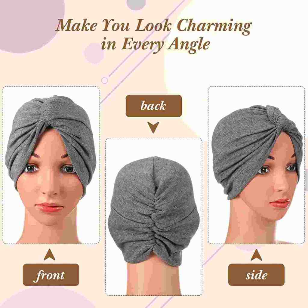 Mannequin wearing a gray pre-tied headband, showcasing front, side, and back views to highlight the stylish design and perfect fit