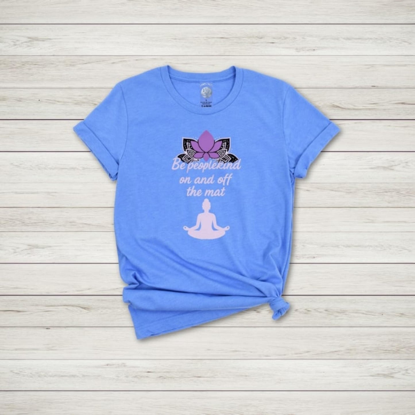 Heather Columbia Blue yoga tee with lotus design and Be Peoplekind on and off the mat quote for mindful lifestyle