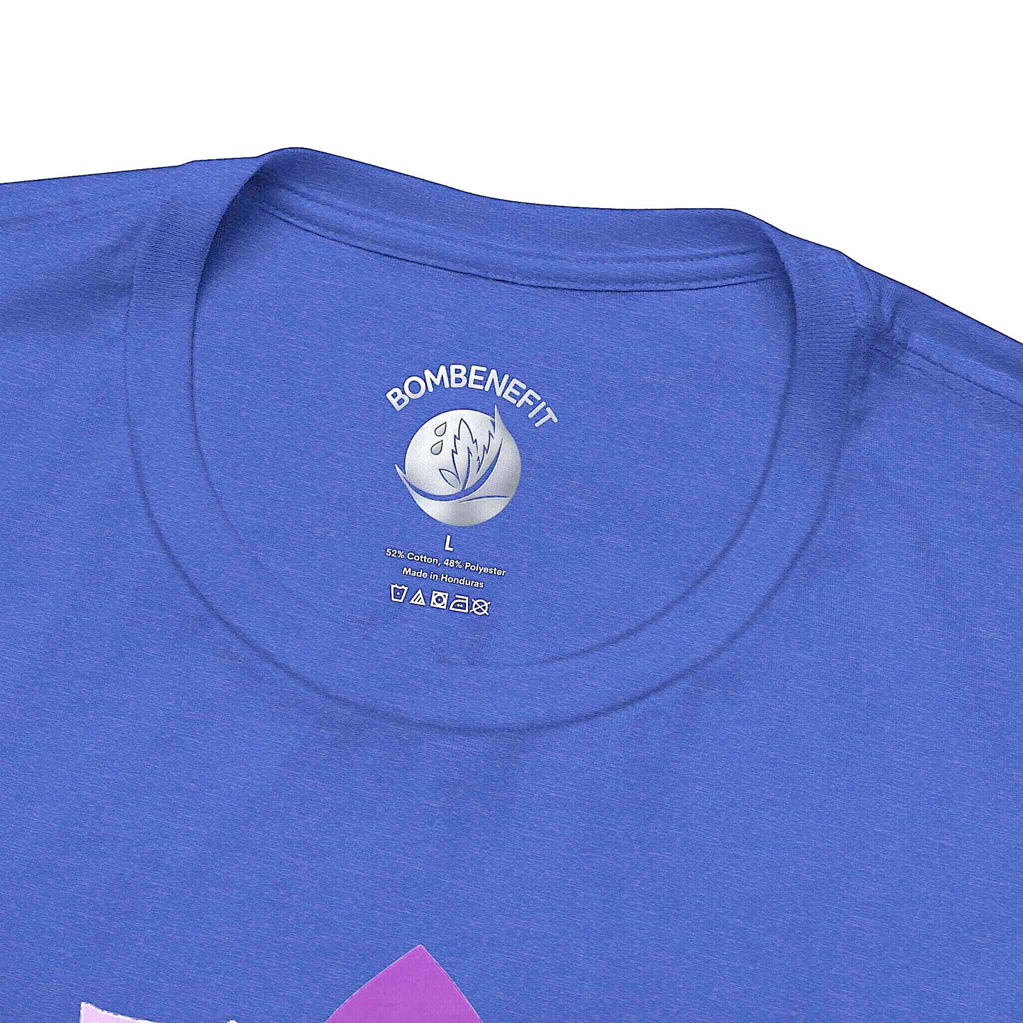 Heather true royal t-shirt with Bombenefit neck logo print, soft blend cotton-poly, made in Honduras