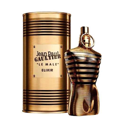 Jean Paul Gaultier Le Male Elixir, featuring a gold torso-shaped bottle and metallic tin, exudes luxury and bold masculinity.