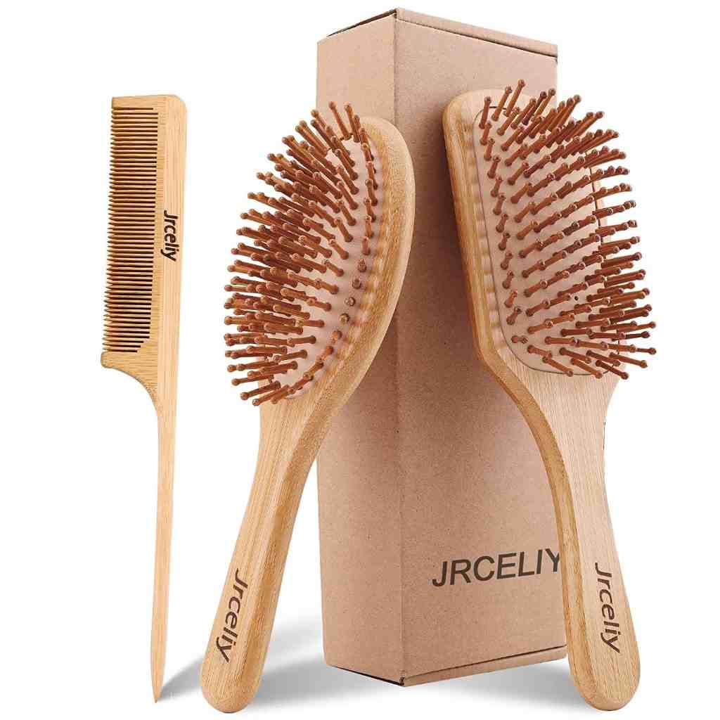 Jrceliy 3-piece bamboo hair brush set, including a paddle brush, detangling brush, and comb, eco-friendly and sustainable.