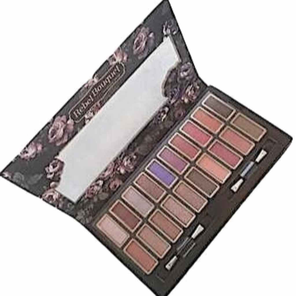 Rebel Bouquet eyeshadow palette by Kleancolor, open to reveal various matte and shimmer shades with a built-in mirror.