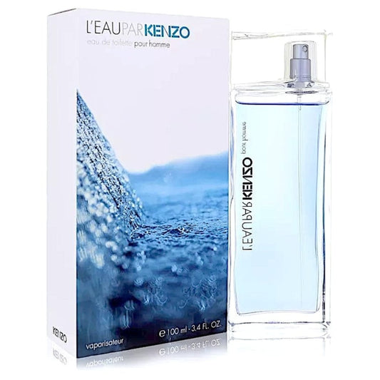 L'EAU PAR KENZO cologne with wave-themed box and blue bottle.