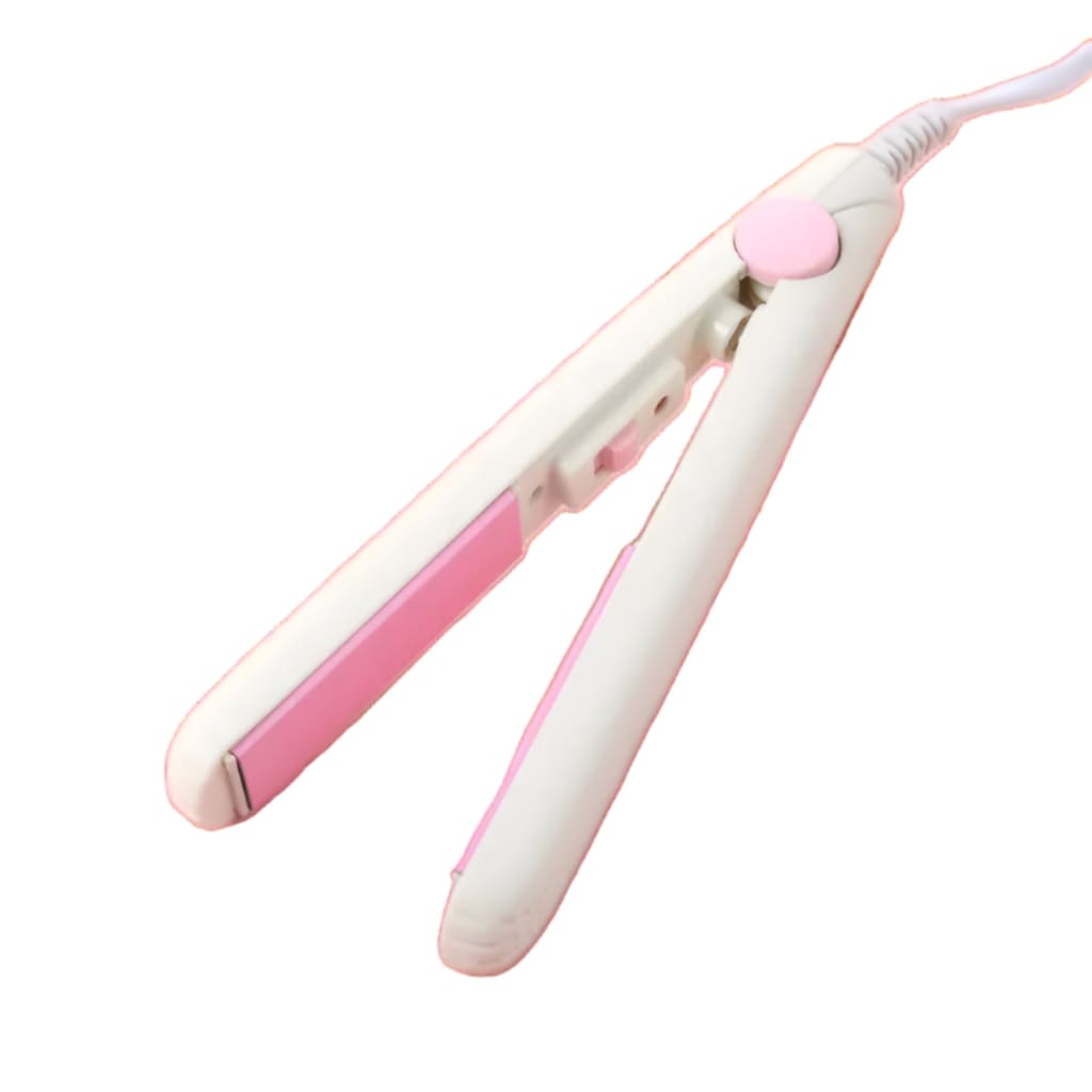 Portable mini hair straightener featuring pink ceramic plates, ideal for quick touch-ups or travel-friendly hairstyling on the go.