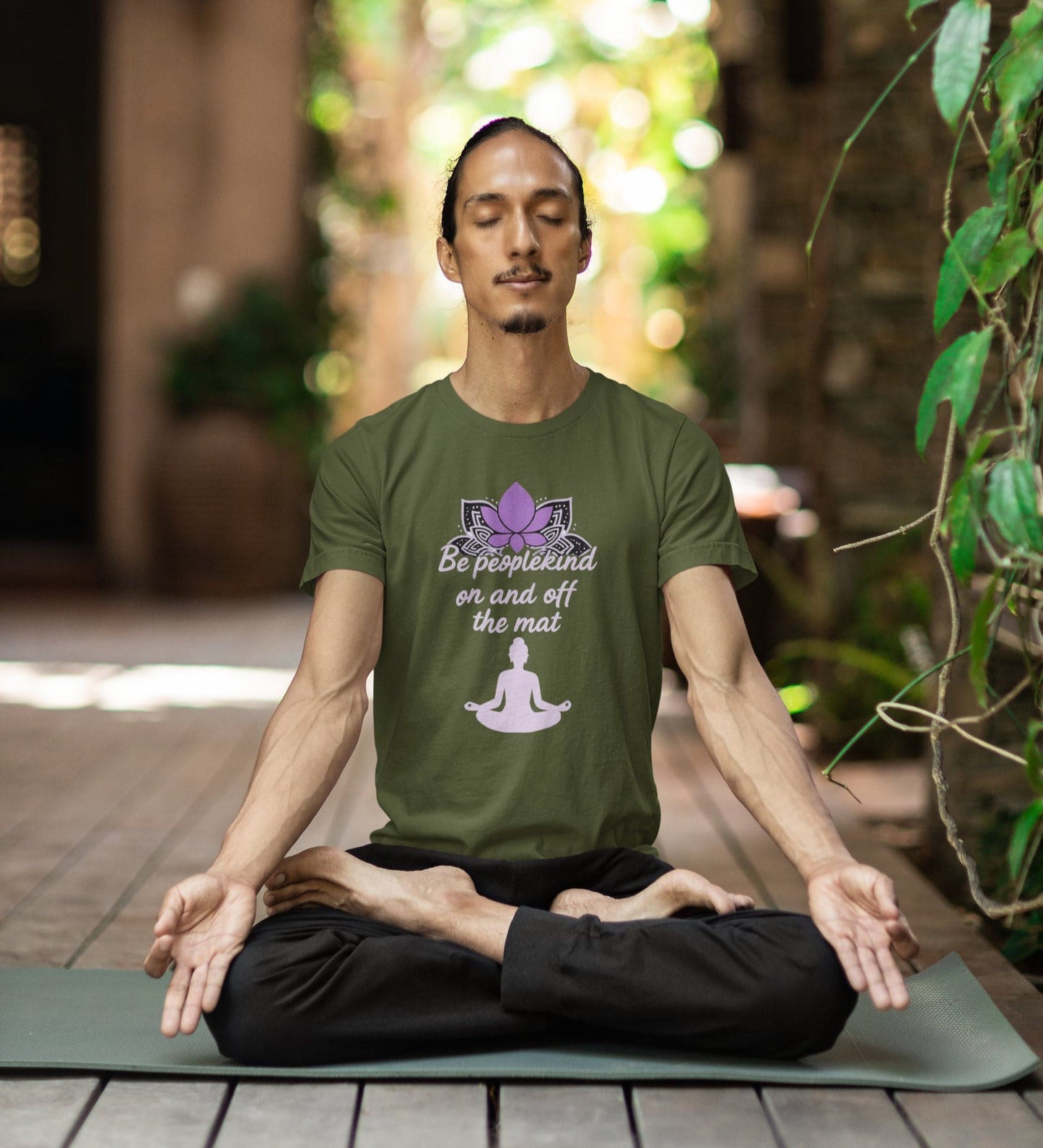 Olive unisex yoga t-shirt with Be Peoplekind on and off the mat quote and lotus design for mindful meditation practice