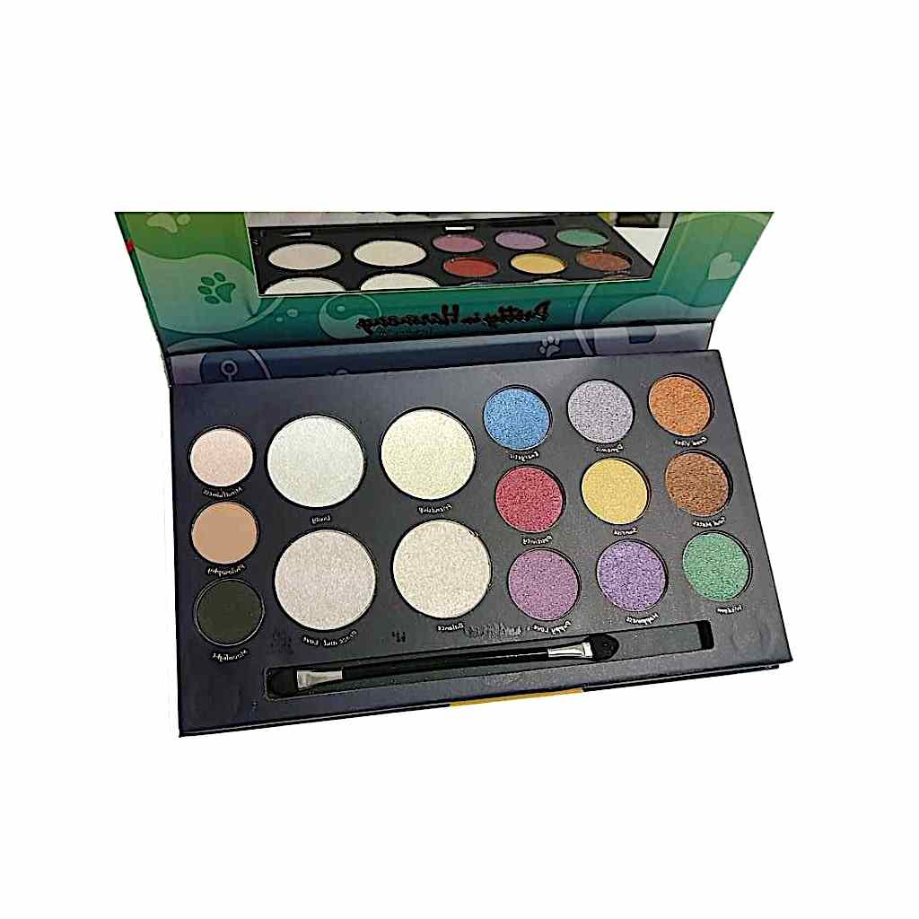 Colorful eyeshadow palette with various shimmer and matte shades, including greens, purples, and golds, in an open case.