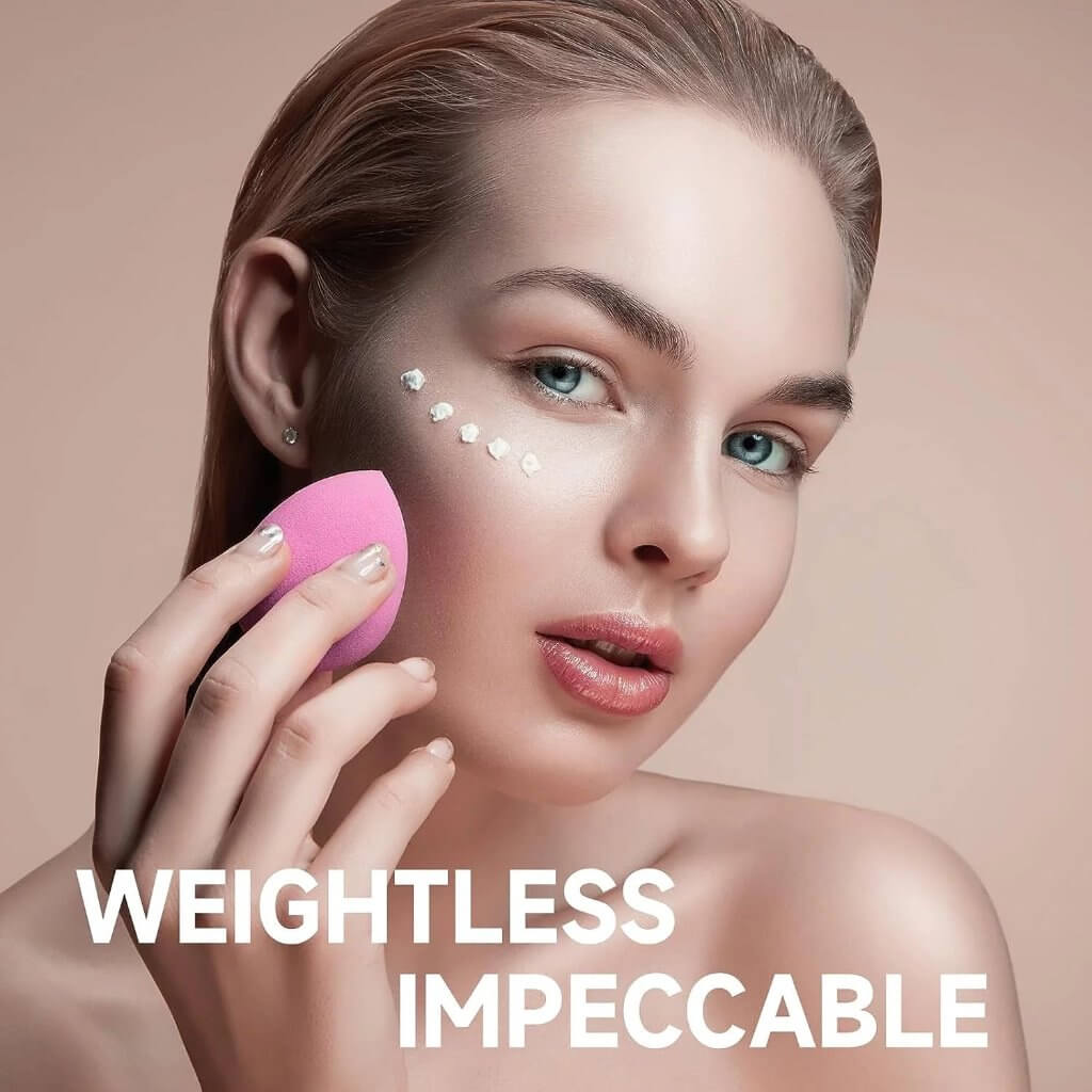 Woman applying foundation with pink makeup blender sponge, showcasing weightless, flawless coverage and smooth finish.