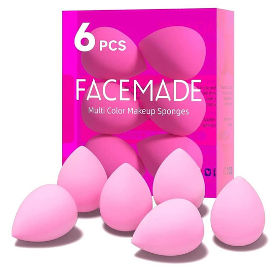 6-piece pink beauty blender sponges for foundation, concealer, and powder application, ensuring a smooth, flawless finish.