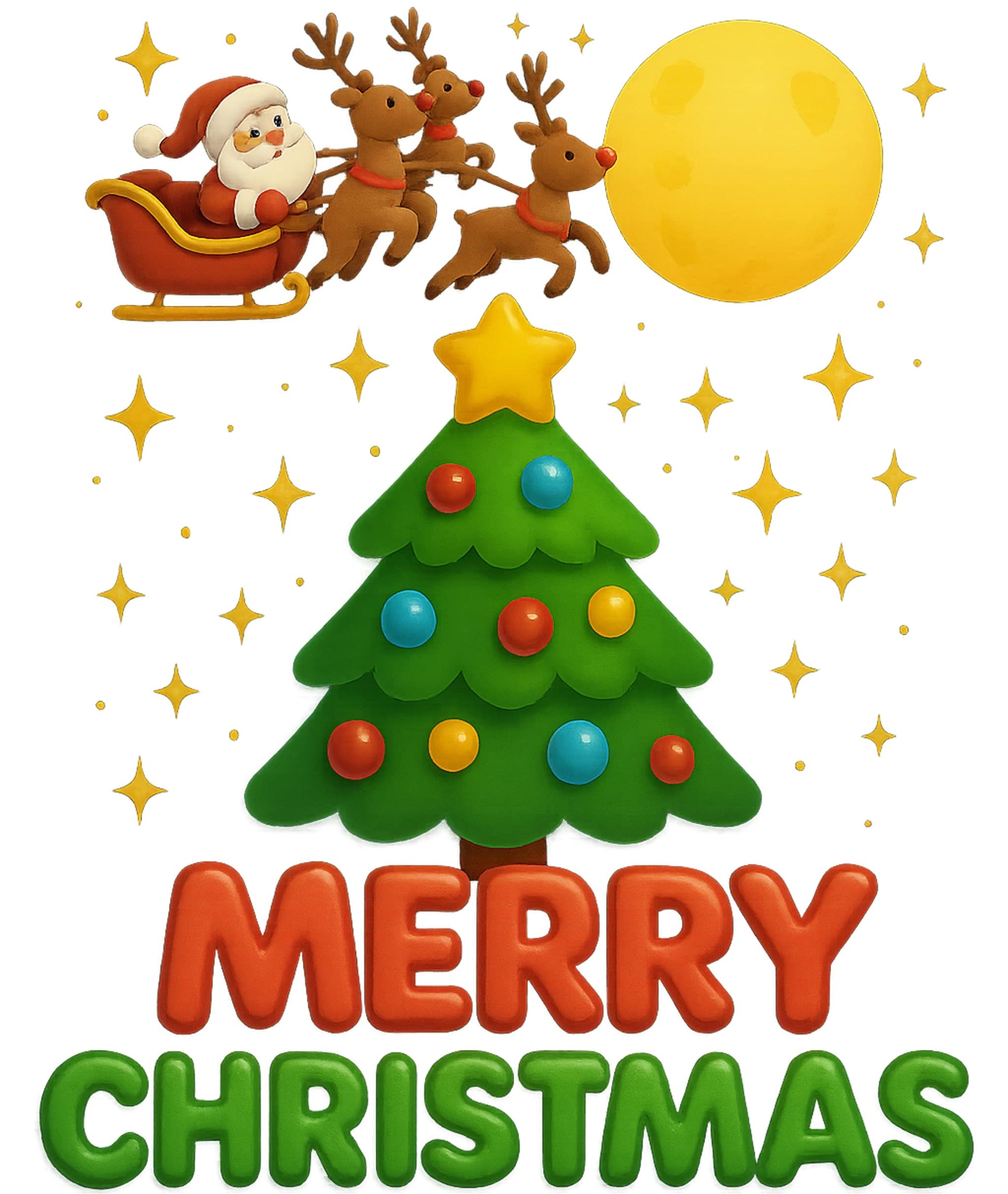Festive illustration of Santa in sleigh with reindeer, Christmas tree, yellow moon, and "Merry Christmas" text.