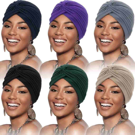 Stylish set of six colorful turban caps for women, featuring versatile designs in black, purple, gray, green, and beige.