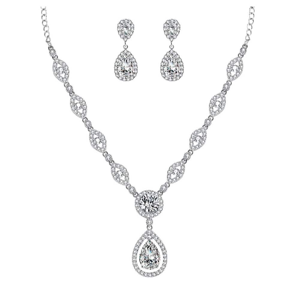 Elegant silver-plated cubic zirconia necklace with matching teardrop earrings, ideal for formal events and special occasions.