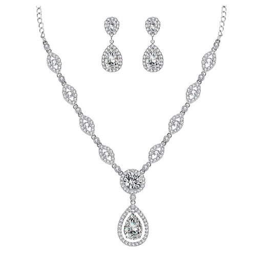 Elegant silver-plated cubic zirconia necklace with matching teardrop earrings, ideal for formal events and special occasions.