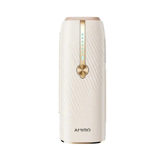 AMIRO Icesmooth At-Home Laser IPL Hair Removal Device in stylish beige, featuring a sleek design with a gold control panel.