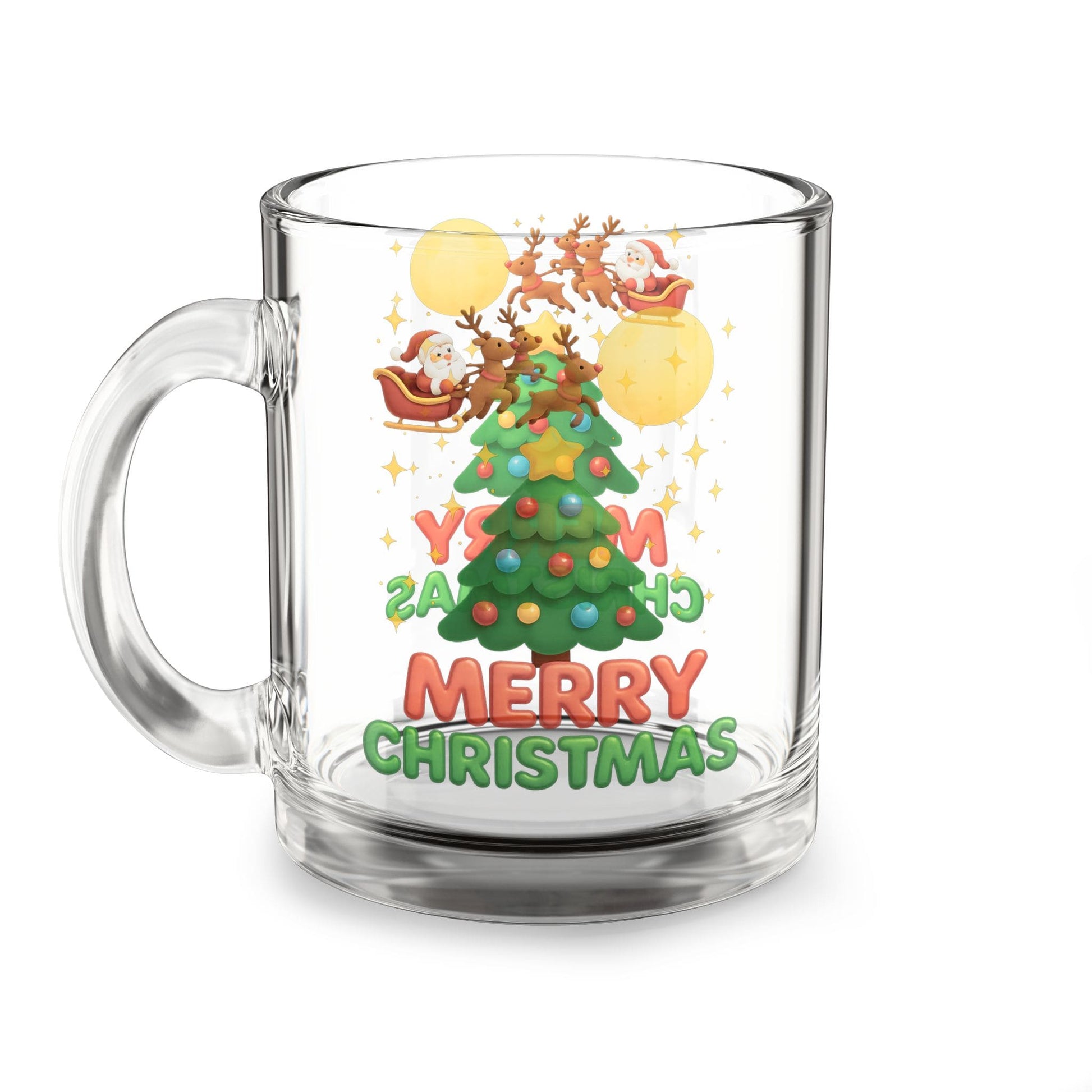 Clear glass mug with colorful Merry Christmas print, Santa in sleigh, reindeer, and a decorated Christmas tree