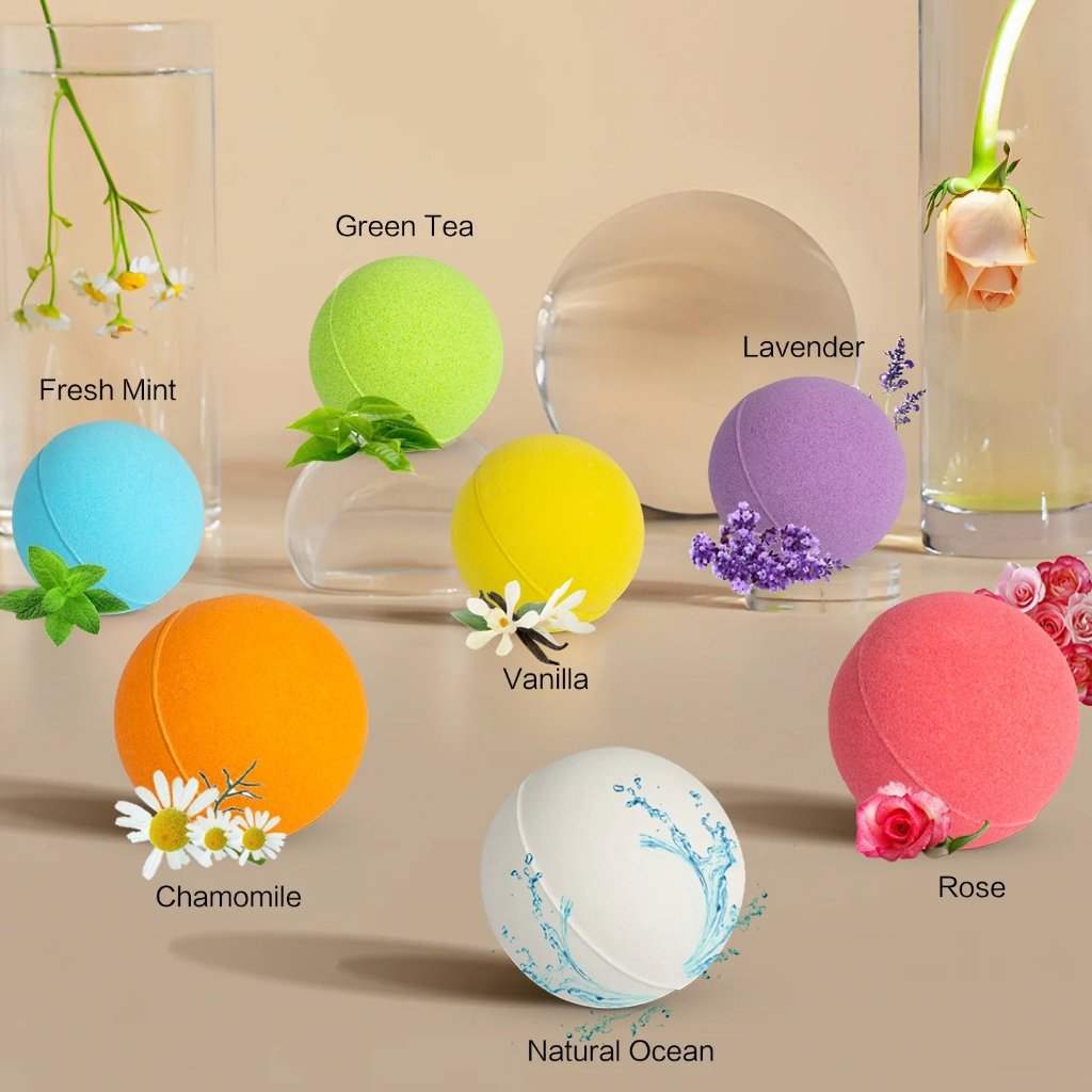 Colorful bath bombs in various scents, including Fresh Mint, Green Tea, Lavender, Vanilla, Chamomile, Natural Ocean, and Rose.