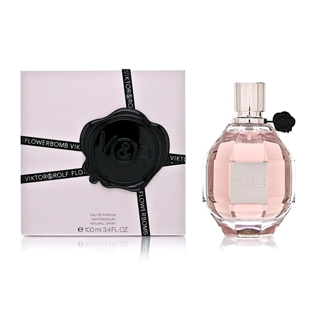 Viktor & Rolf Flowerbomb Eau de Parfum 3.4 oz bottle and packaging. Iconic floral fragrance for women with pink liquid.