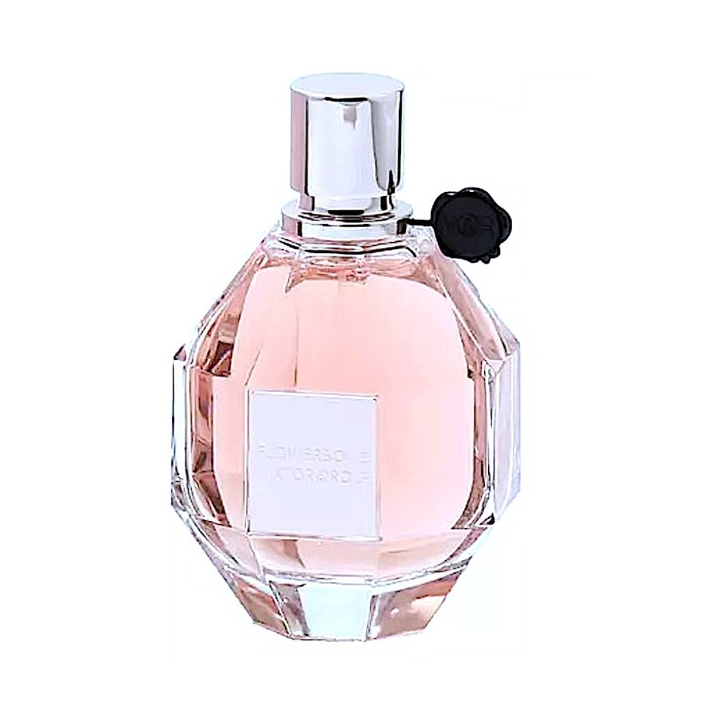 Viktor & Rolf Flowerbomb Eau de Parfum 3.4 oz bottle with light pink liquid and iconic floral scent, featuring a silver cap.
