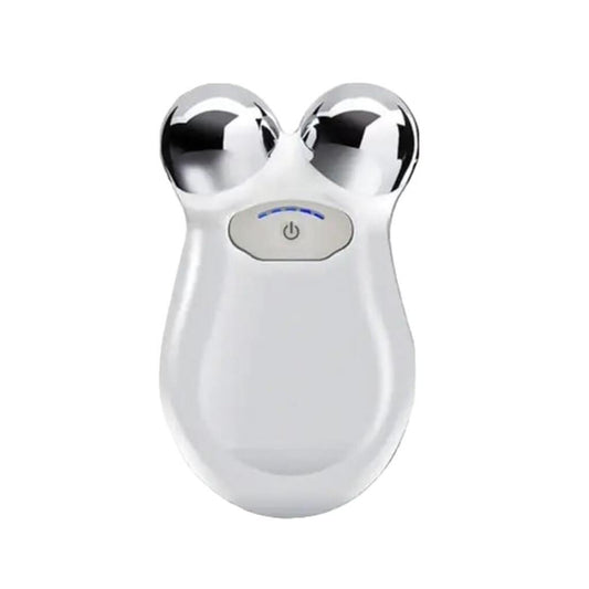 White microcurrent facial toning device with dual metal spheres, designed for anti-aging skin care and facial lifting treatments.