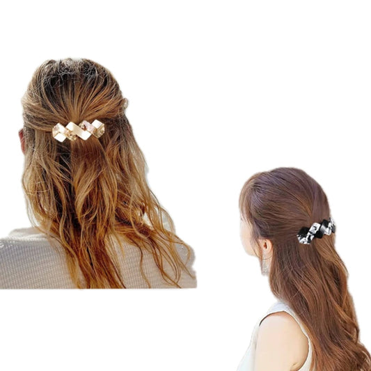 Two women showcasing elegant hair clips; one in gold and another in black, styled for a chic, effortless look from the back.