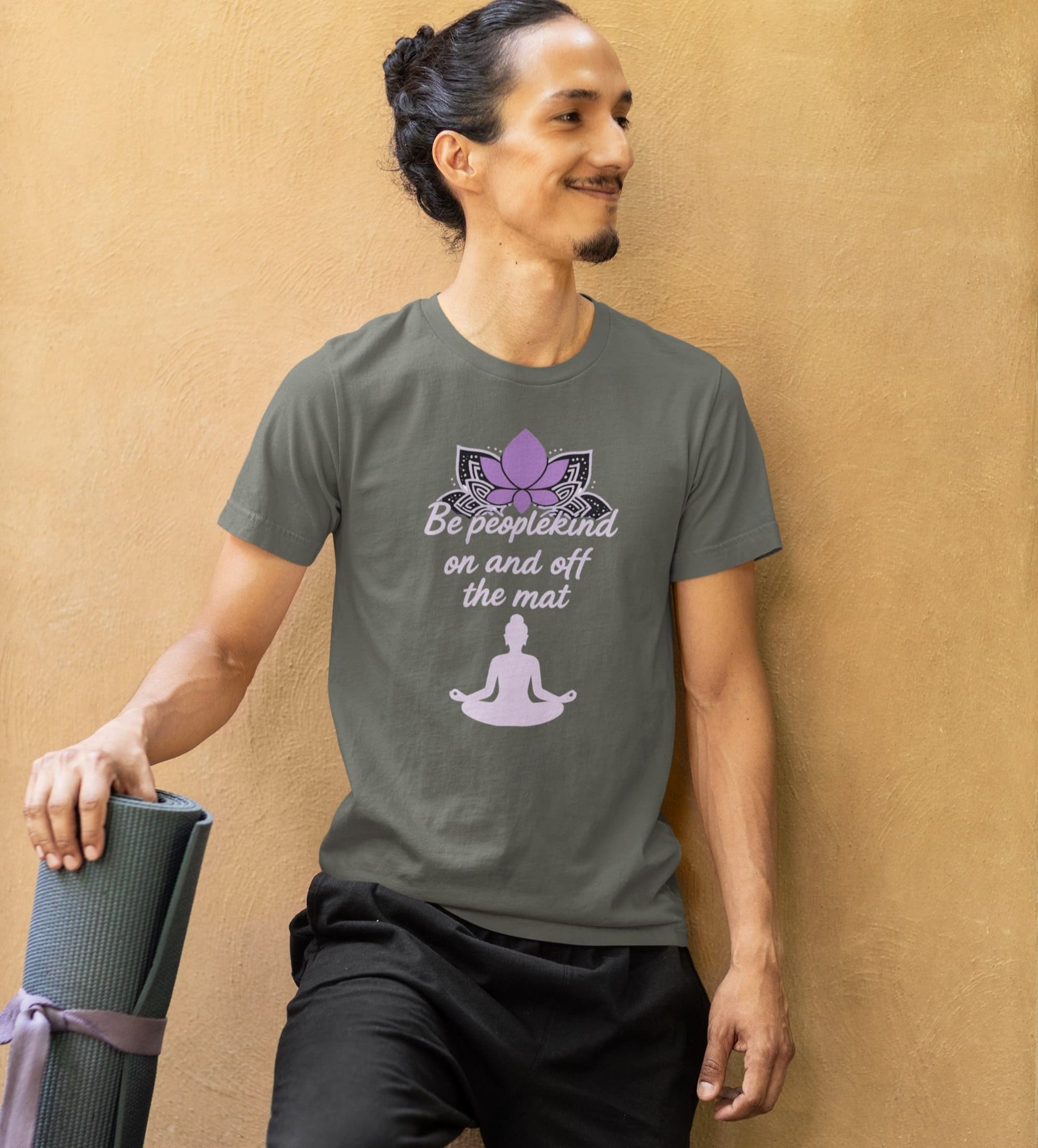 Army green Bella Canvas 3001 t-shirt with lotus yoga design and quote "Be peoplekind on and off the mat