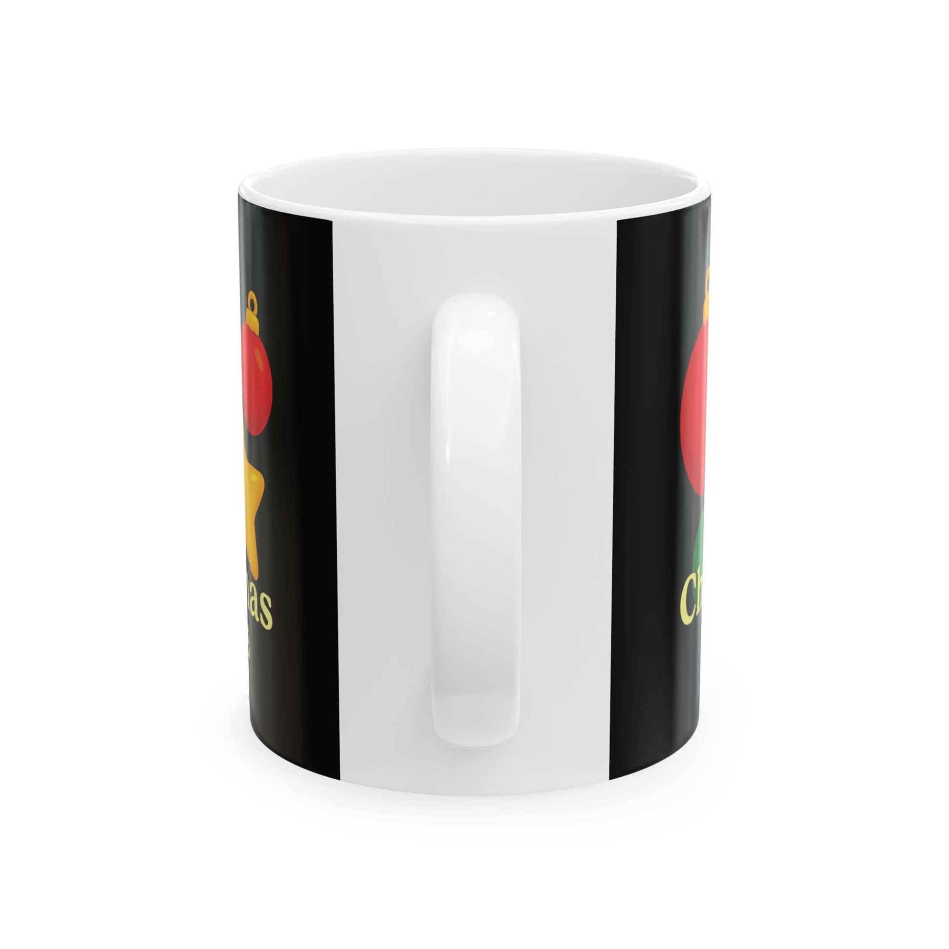 Back view of black Christmas mug with white handle, showing partial festive ornament design on both sides.

