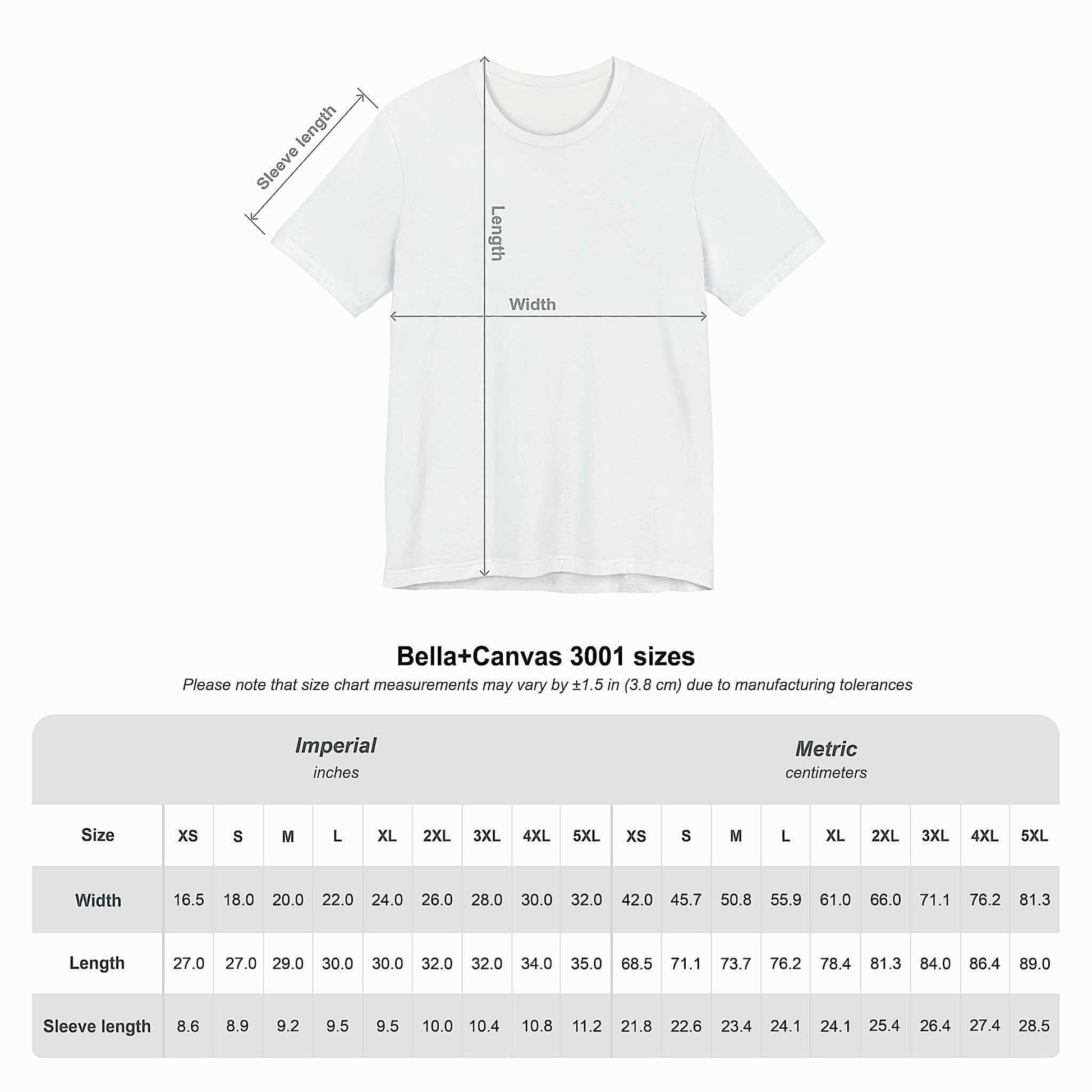 Bella+Canvas 3001 size chart with width, length, and sleeve measurements in inches and centimeters for unisex t-shirts

